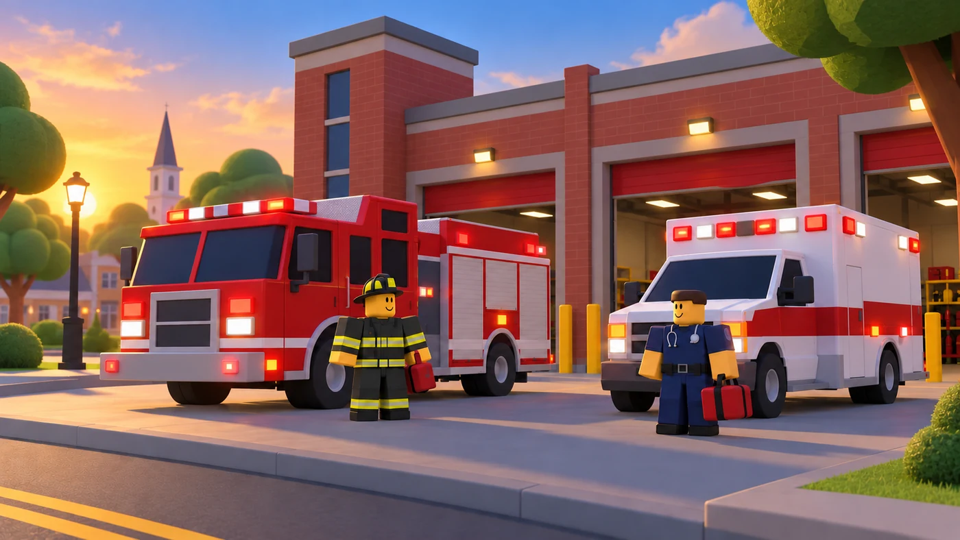 Roblox concept preview of firefighters, paramedics, and emergency vehicles outside a station.